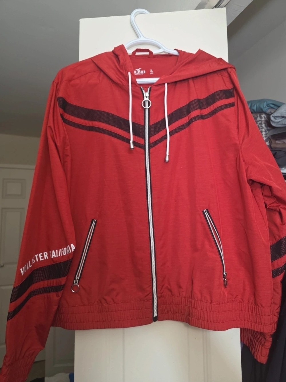 Hollister Red Hooded Windbreaker with Black Stripe Detail